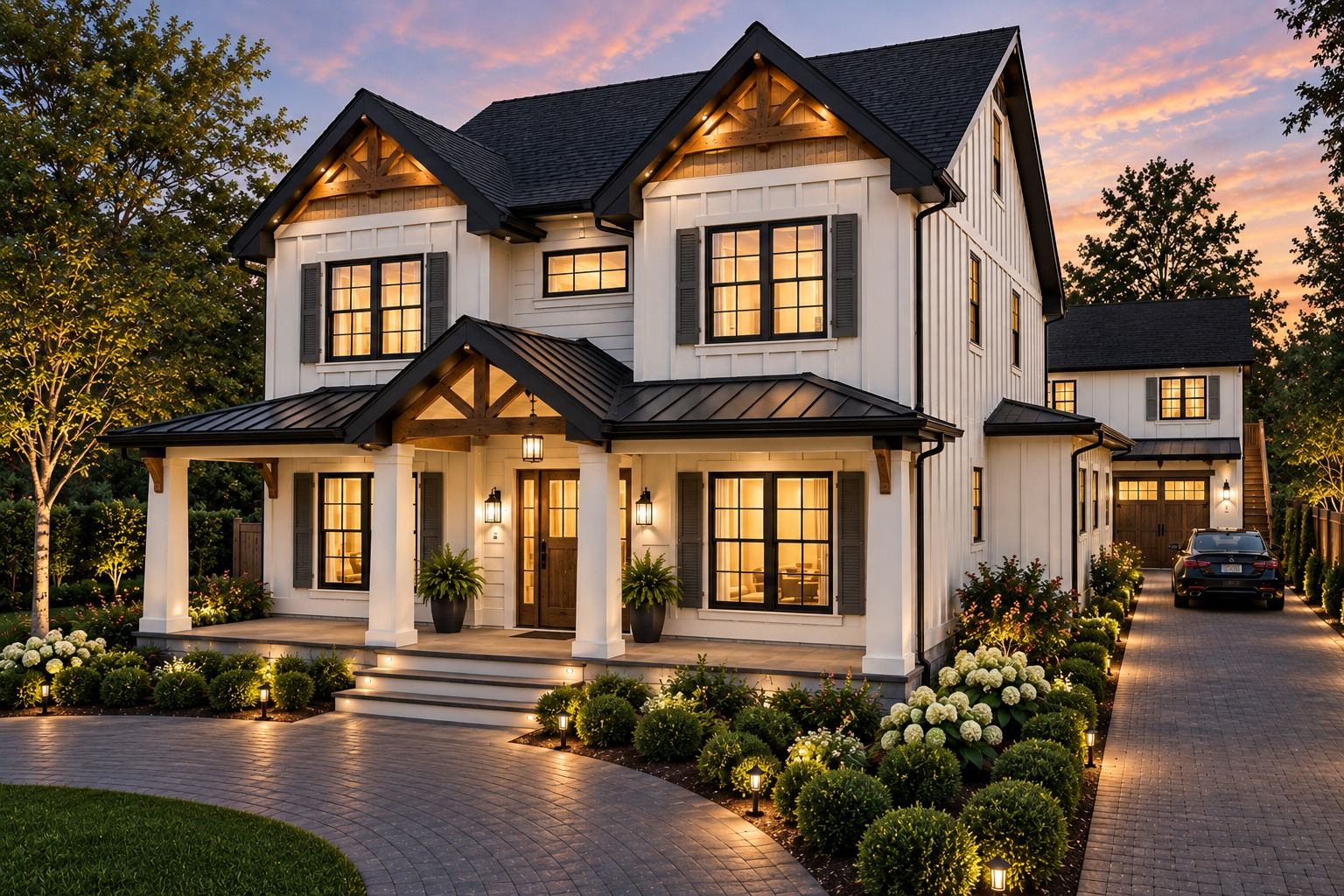 Rendering of 619 Parish Road at dusk: white board-and-batten farmhouse with black trim and fascia, white porch columns, a covered front porch and circle drive